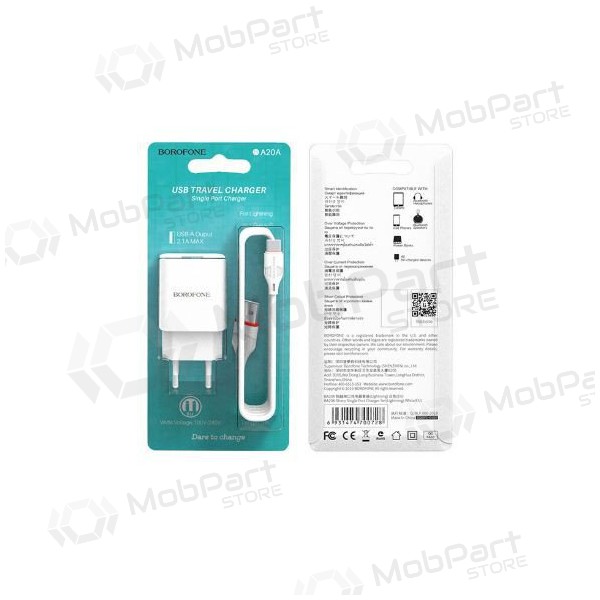 Carregador BOROFONE BA20A Sharp USB + Type-C cabo (5V 2.1A) (branco)
