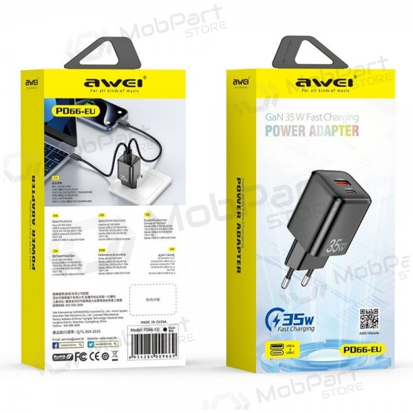 Carregador Awei PD66-EU GaN 35W USB-A/USB-C branco
