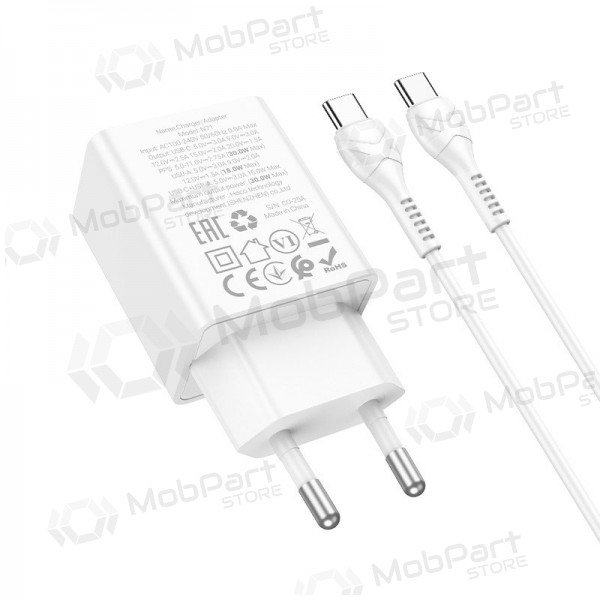 Carregador de telefone Hoco N71 30 W GaN USB-C + USB-A com cabo USB-C de 1 m branco