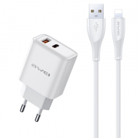 Carregador de telefone Awei PD81L-EU 22.5 W USB-C + USB-A com cabo Lightning 1 m branco