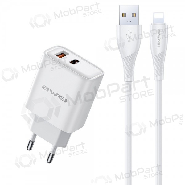 Carregador de telefone Awei PD81L-EU 22.5 W USB-C + USB-A com cabo Lightning 1 m branco