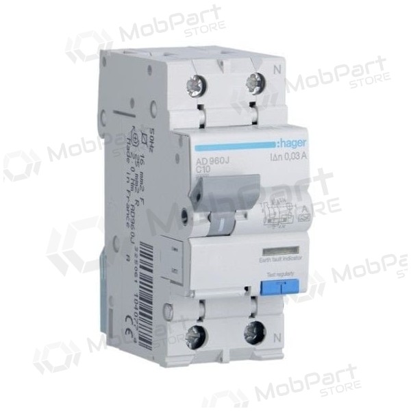 Srovės nuotėkio relė su automatiniu jungikliu Hager AD960J (2P, 10A, A tipo, 30mA, 230V)