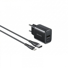 Carregador de telefone Awei PD85T-EU 22.5 W USB-C + USB-A com cabo USB-C 1 m preto