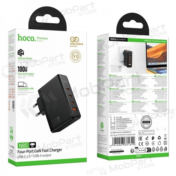 Carregador de telefone Hoco N85 100 W 3x USB-C + USB-A preto
