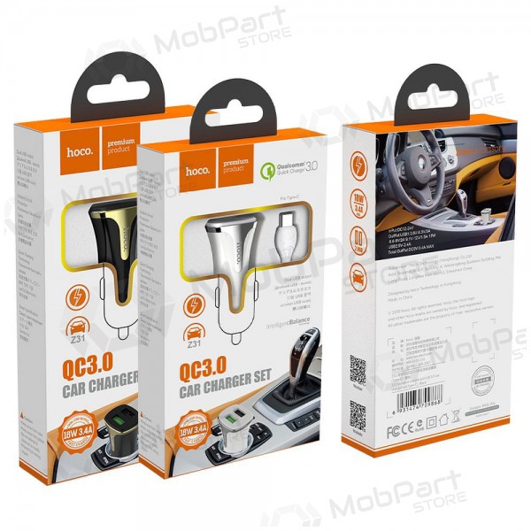Carregador automobilinis Hoco Z31 Quick Charge 3.0 (3.4A) x 2 USB + Type-C (branco)