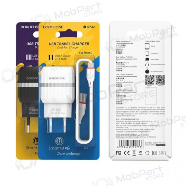 Carregador BOROFONE BA24A Vigour Dual USB + Type-C cabo (5V 2.4A) (preto)
