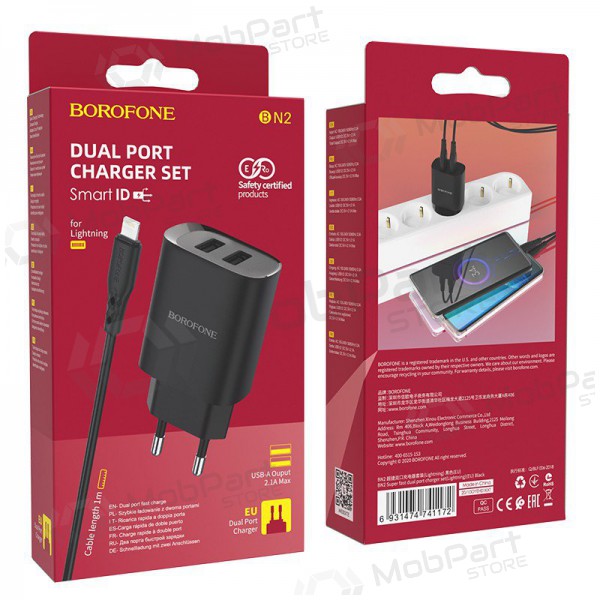Carregador Borofone BN2 2xUSB 2.1A + Lightning (preto)