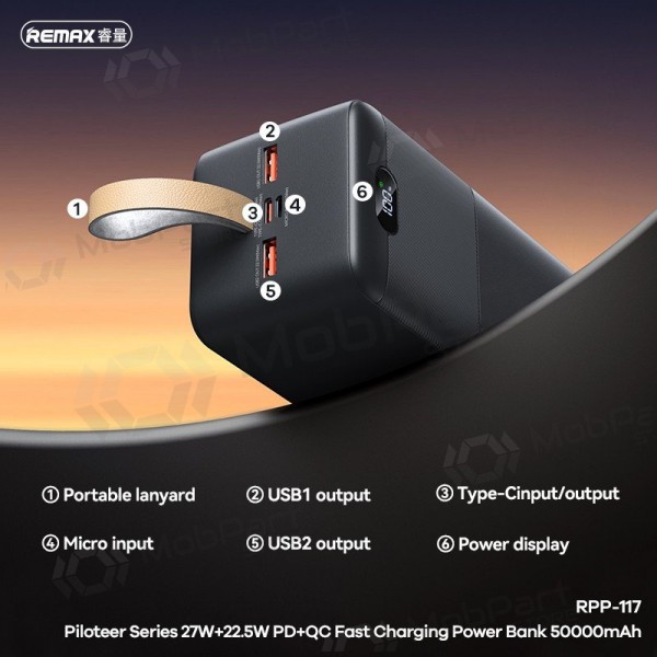 Bateria externa Power Bank Remax RPP-117 22.5W 50000mAh preto