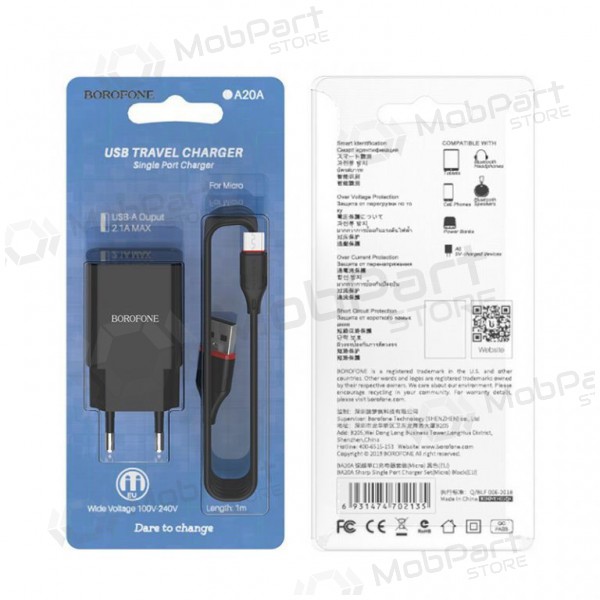 Carregador BOROFONE BA20A Sharp USB + microUSB cabo (5V 2.1A) (preto)