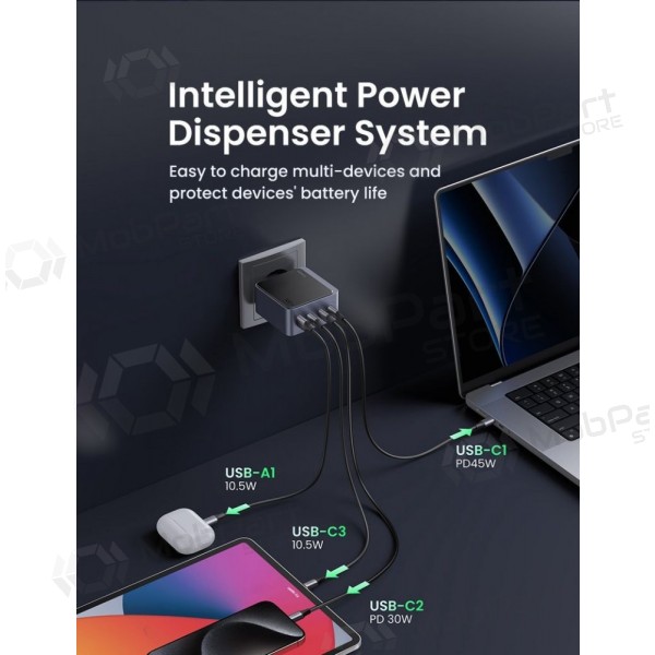 Carregador de rede Ugreen X565 100 W GaN 3x USB-C + USB-A cinzento