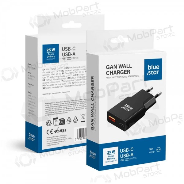 Carregador de telefone Blue Star Slim 25 W GaN USB-C + USB-A preto