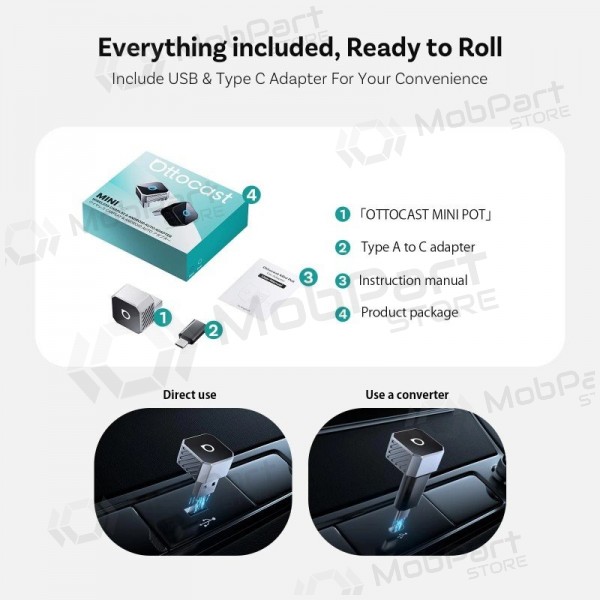 Adaptador sem fio CarPlay / Android Auto Ottocast Mini Cube CP88-T3 preto