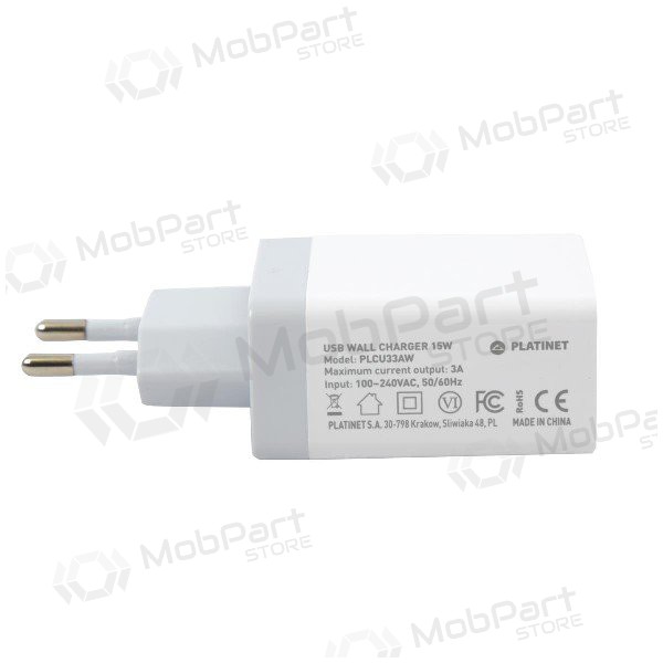 Carregador Platinet QuickCharge 3xUSB (15W 3A) (branco)