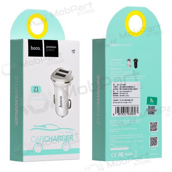 Carregador de carro HOCO Z1 Dual USB (5V 2.1A) (branco)