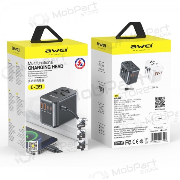 Universal kelioninis carregador Awei C-39 GaN 35W 2xUSB-A/3xUSB-C preto