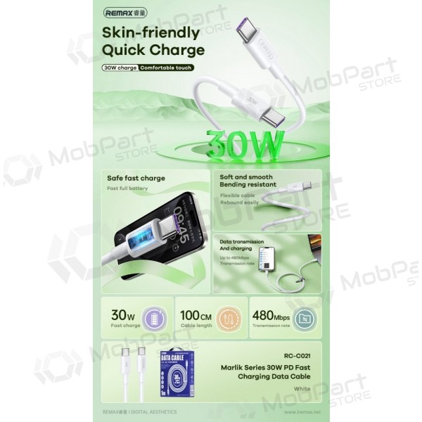 USB cabo Remax RC-C021 USB-C to USB-C 30W 1.0m branco