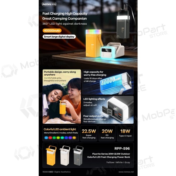 Bateria externa Power Bank Remax RPP-596 22.5W 40000mAh cinza