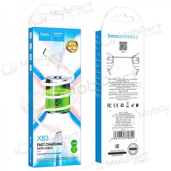 Cabo Micro USB Hoco X83 USB-A para Micro USB 1 m branco