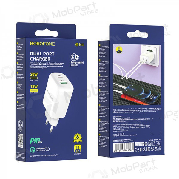 Carregador Borofone BN4 1xUSB, 1xType-C QC 3.0, PD 2.0 20W (branco)