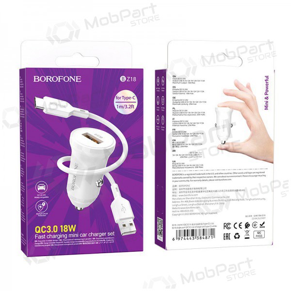 Carregador automobilinis Borofone BZ18 Quick Charge 3.0 18W + Type-C (branco)