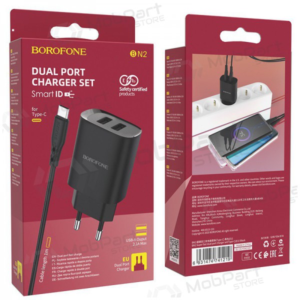 Carregador Borofone BN2 2xUSB 2.1A + USB Type-C (preto)