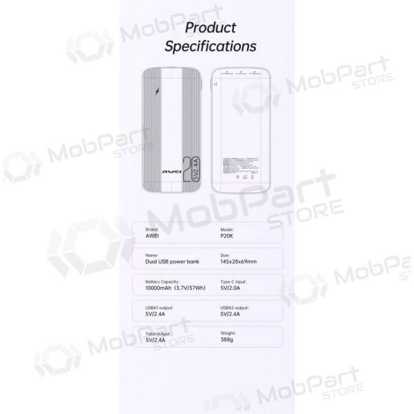 Bateria externa Power Bank Awei P19K 5V/2.4A 20000mAh preto