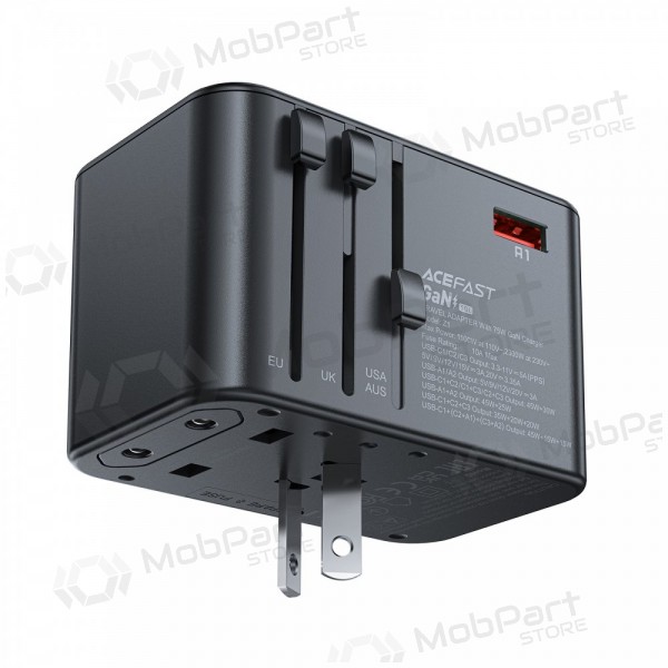 Universal kelioninis carregador Acefast Z1 75W GaN 2xUSB-A/3xUSB-C preto