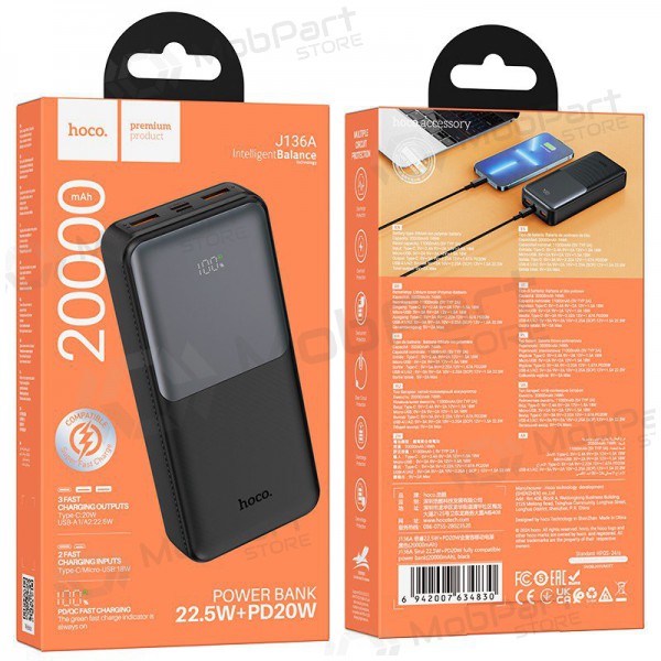 Bateria externa Power Bank Hoco J136A 22.5W+PD20W 20000mAh preto