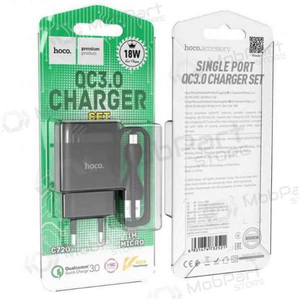 Carregador HOCO C72Q Glorious USB + microUSB cabo (QC3.0) (preto)