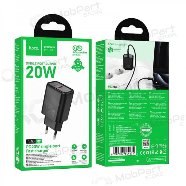 Carregador de telefone Hoco N60 20 W GaN USB-C preto