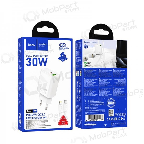 Carregador de telefone Hoco N63 30 W GaN USB-C + USB-A com cabo Lightning 1 m branco