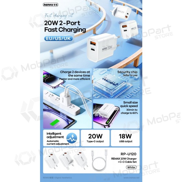 Carregador de telefone Remax RP-U120 20 W USB-C + USB-A com cabo USB-C 1 m branco