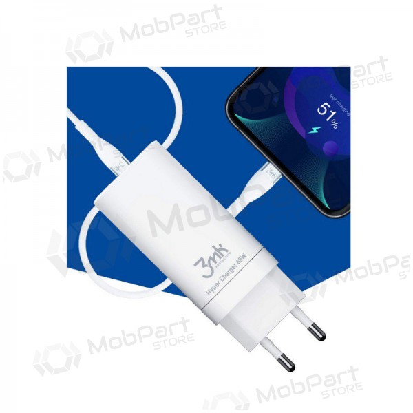 Carregador 3MK HyperCharger 65W 2xUSB-C, 1xUSB-A PD 3.0/QC 4.0 (branco)