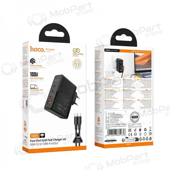 Carregador de rede Hoco N85 100 W 3x USB-C + USB-A com cabo USB-C 2 m preto