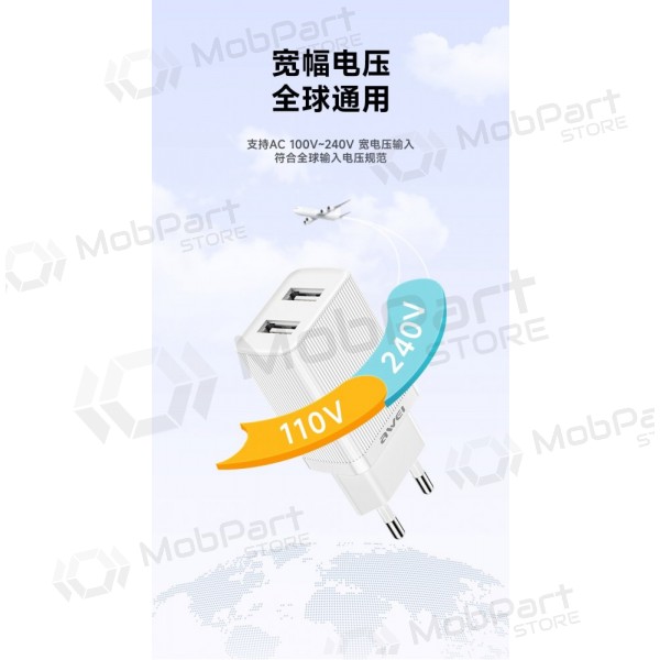 Carregador Awei C15T-EU 2xUSB-A 10W + USB to USB-C cable branco
