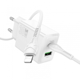 Carregador de telefone Hoco N71 30 W GaN USB-C + USB-A com cabo Lightning de 1 m branco