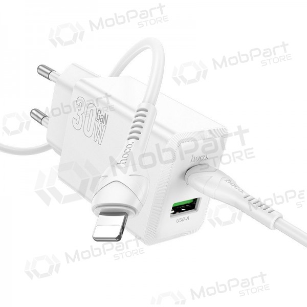 Carregador de telefone Hoco N71 30 W GaN USB-C + USB-A com cabo Lightning de 1 m branco