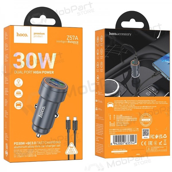 Carregador de telefone para carro Hoco Z57A 30 W USB-C + USB-A com cabo USB-C de 1 m