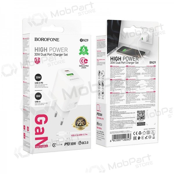 Carregador de telefone Borofone BN29 30 W USB-C + USB-A com cabo USB-C de 1 m branco