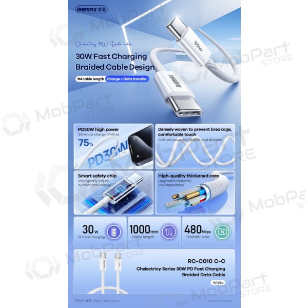 USB cabo Remax RC-C010 USB-C to USB-C 30W 1.0m branco