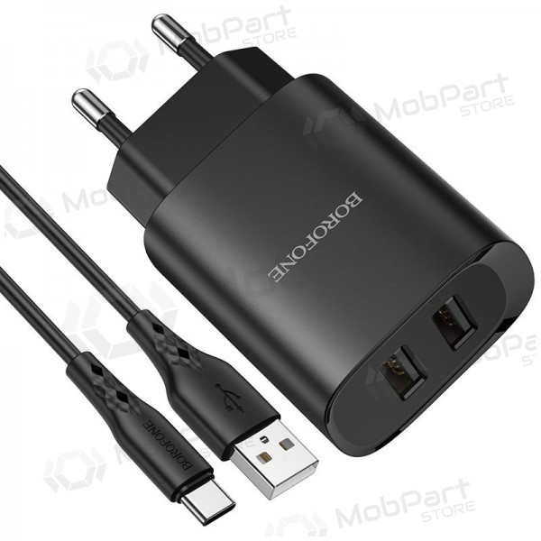 Carregador Borofone BN2 2xUSB 2.1A + USB Type-C (preto)