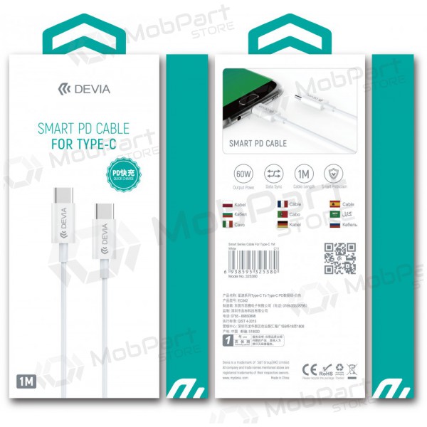 Cabo USB Devia Smart PD Tipo-C - Tipo-C 20V 3.0A 60W (branco)
