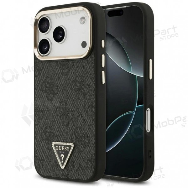 Capa para Apple iPhone 17 Pro Max - Guess PU Leather 4G Strass Triangle Logo Gold Frame MagSafe (preto)