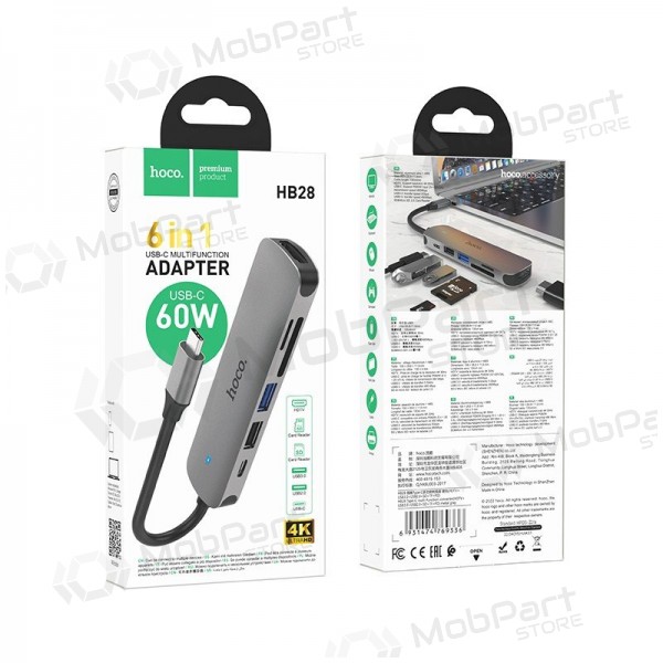Adaptador USB-C Hoco HB28 USB-C para HDMI + USB 3.0 + USB 2.0 + SD + TF + PD cinzento
