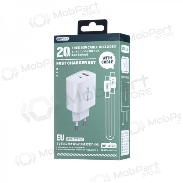 Carregador de telefone Remax RP-U120 20 W USB-C + USB-A com cabo USB-C 1 m branco