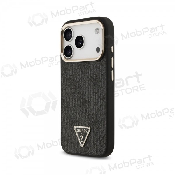 Capa para Apple iPhone 18 Pro - Guess PU Leather 4G Strass Triangle Logo Gold Frame MagSafe (preta)