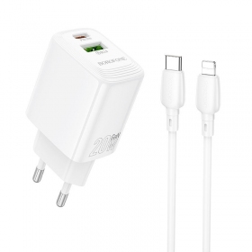 Carregador de telefone Borofone BN27 20 W USB-C + USB-A com cabo Lightning de 1 m branco