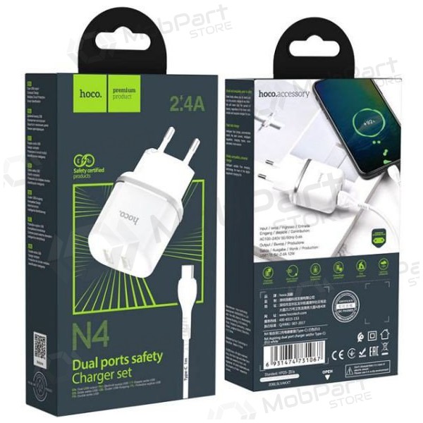 Carregador HOCO N4 Aspiring Dual USB + type-C cabo (5V 2.4A) (branco)