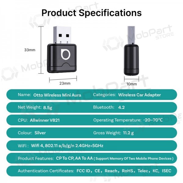 Adaptador CarPlay / Android Auto sem fio Ottocast Mini Aura CA530-T preto