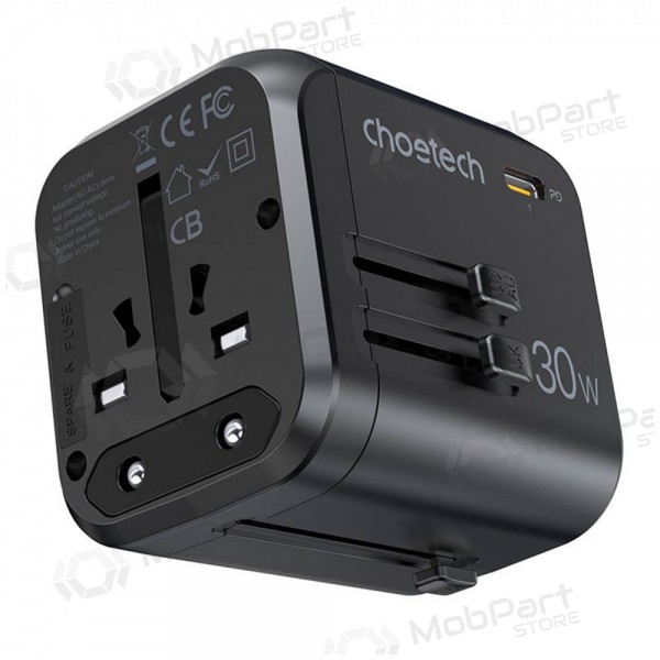 Universal kelioninis carregador Choetech PD5008 30W USB-C/3xUSB-A preto